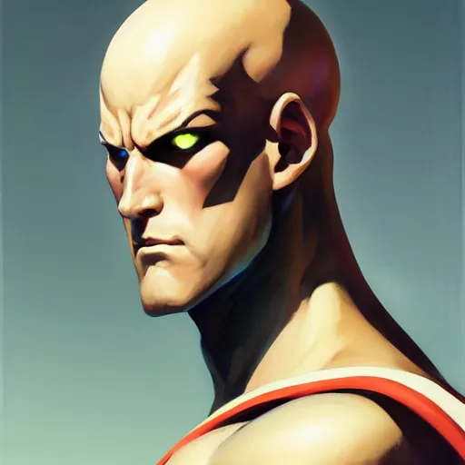 Image similar to Greg Manchess portrait painting of Saitama as Overwatch character, medium shot, asymmetrical, profile picture, Organic Painting, sunny day, Matte Painting, bold shapes, hard edges, street art, trending on artstation, by Huang Guangjian and Gil Elvgren and Sachin Teng