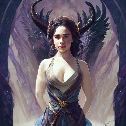 Image similar to Emilia Clarke, D&D, fantasy, intricate, cinematic lighting, highly detailed, digital painting, artstation, concept art, smooth, sharp focus, illustration, art by Artgerm and Greg Rutkowski and Alphonse Mucha