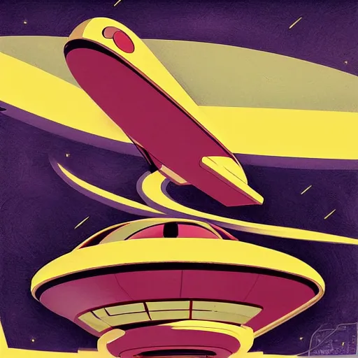 Prompt: futurama spaceship in a modern style of art deco painting, bauhaus, art nouveau, noire, 2 d, 3 d shadows