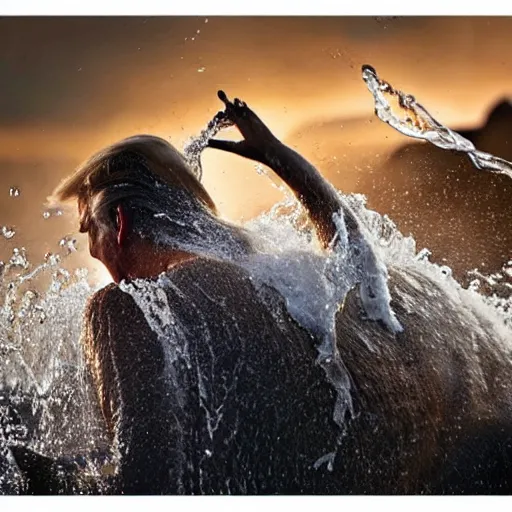 Image similar to national geographic professional photo of trump lapping up water in a busy watering hole, award winning