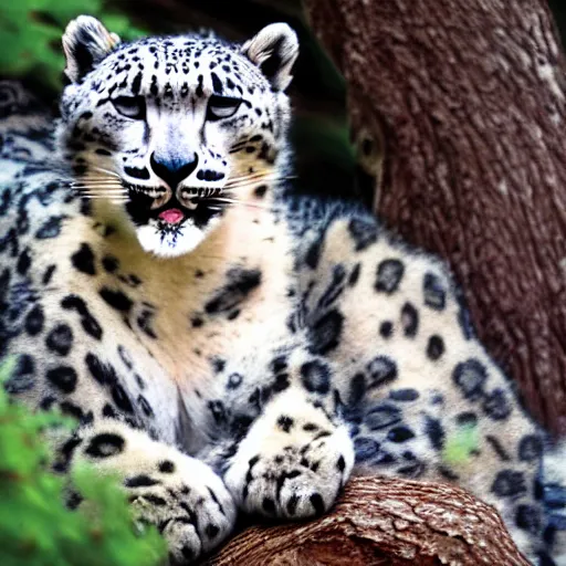 Image similar to anthropomorphic snow leopard leaning against a tree with a bow