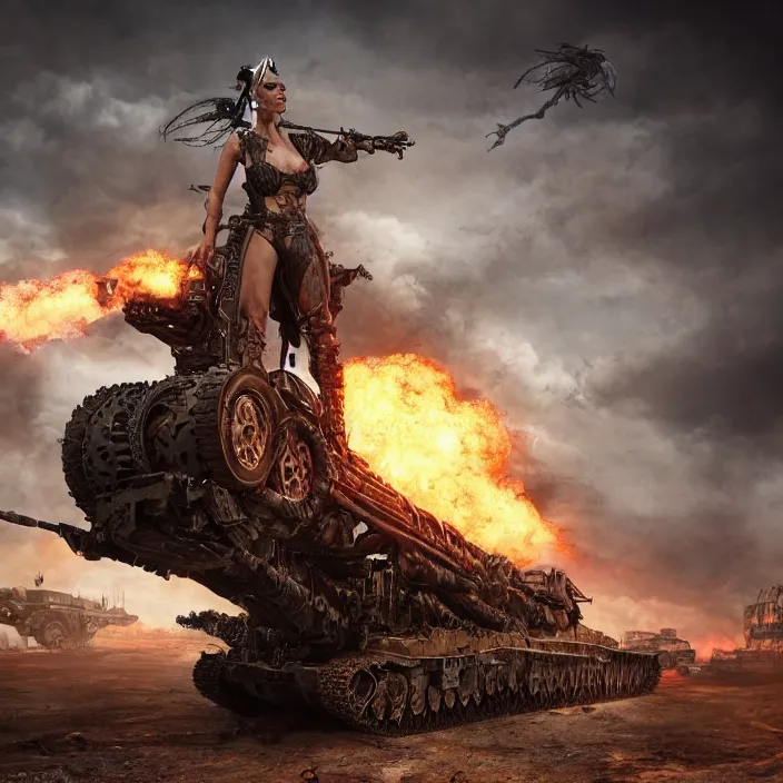 Prompt: beautiful apocalyptic woman with mohawk, standing on mad max panzer tank, hyper-detailed, smooth, sharp focus, 4k ultra hd, fantasy dark art, tank girl, artgerm, artstation, octane render, elegant, detailed digital painting, apocalyptic art, Francis bacon, gears of war, unreal engine