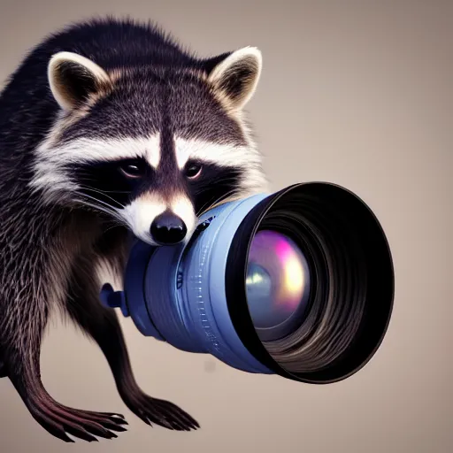 Image similar to a hyperrealistic octane render of a raccoon holding a dslr camera taking a photograph, photorealism, unreal engine, dramatic lighting, volumetric lighting, uplighting