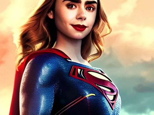 Image similar to a potrait of Lily Collins as Supergirl with man of steel suit style and full armour by Zack Snyder , 8k photorealistic, cinematic lighting, HD, high details, dramatic, trending on artstation, full body shot