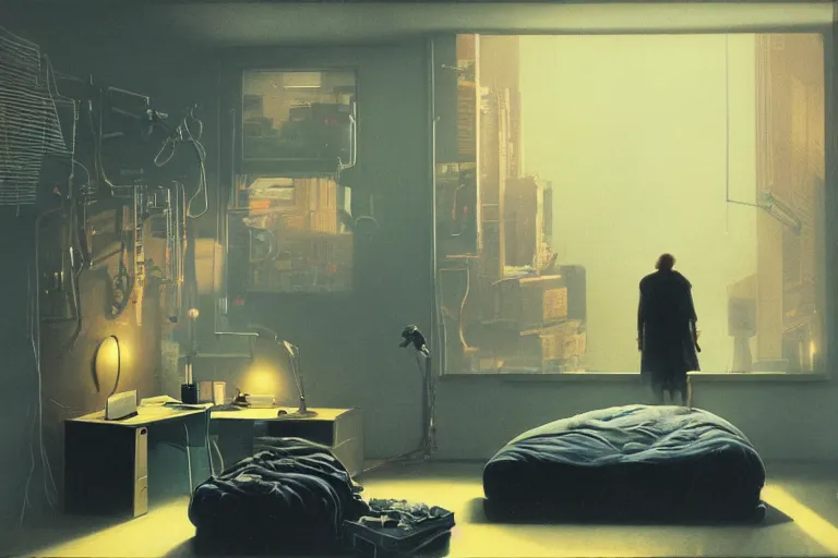 Image similar to IKEA catalogue photo, cyberpunk teenager bedroom, screens, TVs, monitors, robots, by Beksiński