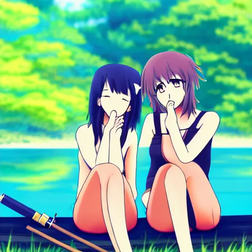 Prompt: two beautiful lesbian girls in love, smoking a hemp cigarette with smoke, sitting in front of a lake, in the style of anime, close - up, pixiv, intricate, elegant, highly detailed, lush, stylized, japanese, smooth