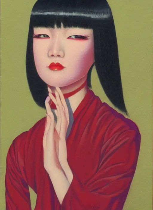 Image similar to painting of a japanese woman with bangs, kitsch, by vladimir tretchikoff
