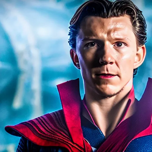 Image similar to Tom Holland as Dr. Strange. Movie still frame. 4k UHD