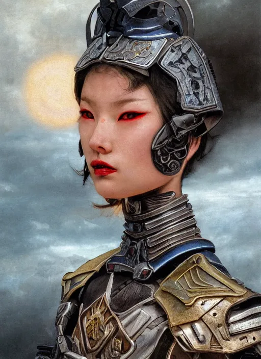 Prompt: symmetry! closeup portrait of a beautiful biblical diabolical samurai girl holding a gun, bio cyborg armor, in clouds, cinematic studio light, windy, sunrise, by gerald brom, by mikhail vrubel, by peter elson, muted colors, extreme detail, trending on artstation, 8 k