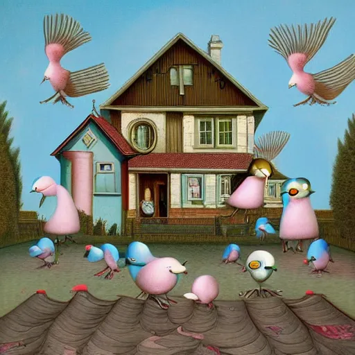 Image similar to anamorphic birds walking past a house, lowbrow surrealistic, in the style of Mark Ryden,