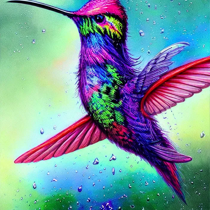 Image similar to bright psychedelic hummingbirds with rain on face and wet hair, wings, smiling, diffuse lighting, fantasy, intricate, elegant, highly detailed, lifelike, photorealistic, digital painting, artstation, illustration, concept art, smooth, sharp focus, art by John Collier and Albert Aublet and Krenz Cushart and Artem Demura and Alphonse Mucha