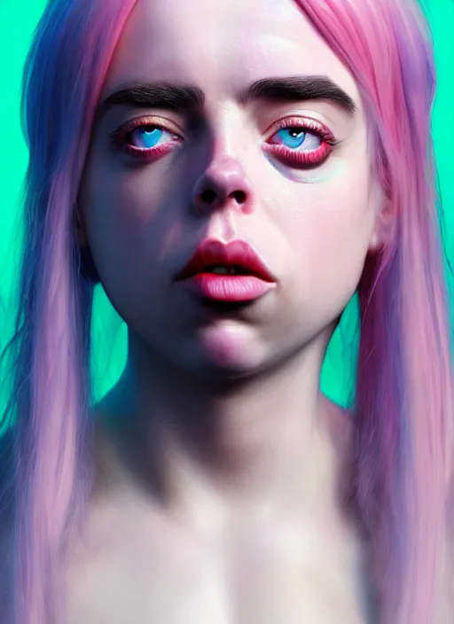 Prompt: Billie Eilish as Female Loki, beautiful facial symmetry, rose pink skin color, hyper realistic, hyper detail, very detailed, digital art, trending on artstation, smooth render, 8k octane render, digital illustration, by Katsuhiro Otomo and Shigeru Miyamoto and Ian Sprigger