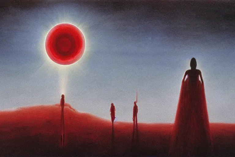 Image similar to people activate behelit in the middle of eclipse, human sacrifice , Old testament angel, dark sky, red cloud, sea of blood, beksinski