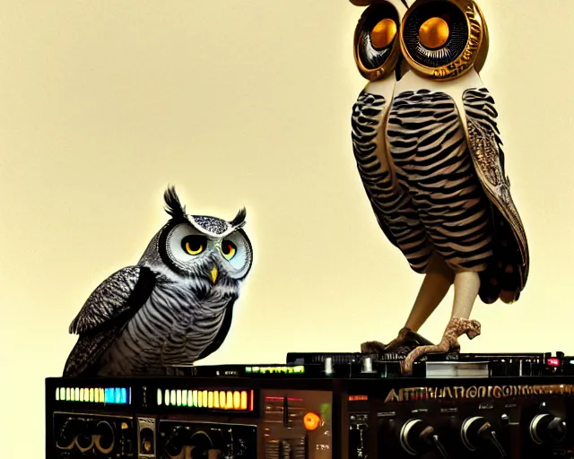 Prompt: anthropomorphic dj owl mixing on stage, diffuse lighting, fantasy, intricate, elegant, highly detailed, lifelike, photorealistic, digital painting, artstation, illustration, concept art, smooth, sharp focus, art by john collier and albert aublet and krenz cushart and artem demura and alphonse mucha