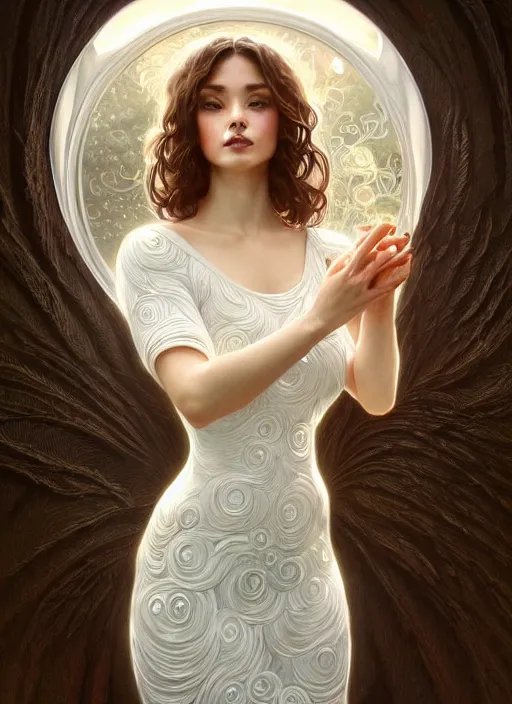 Image similar to full body painting of a woman posing, short wavy hair, round face, intricate white dress, cottagecore!!, inside water, intricate, enlightened, highly detailed, digital painting, artstation, concept art, smooth, sharp focus, illustration, art by artgerm and greg rutkowski and alphonse mucha
