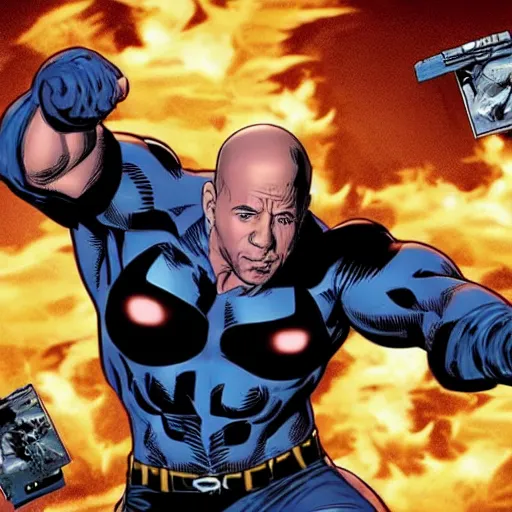 Prompt: Vin Diesel as a comic book hero fighting off evil,, 4k, comic book cover