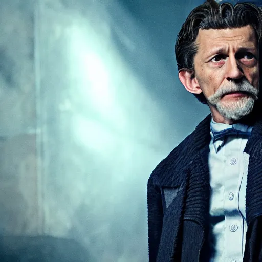 Image similar to tom holland as a rough dirty old man with a scruffy beard in a dark blue trenchcoat as the new doctor who, cinematic, volumetric lighting, f 8 aperture, cinematic eastman 5 3 8 4 film, photorealistic