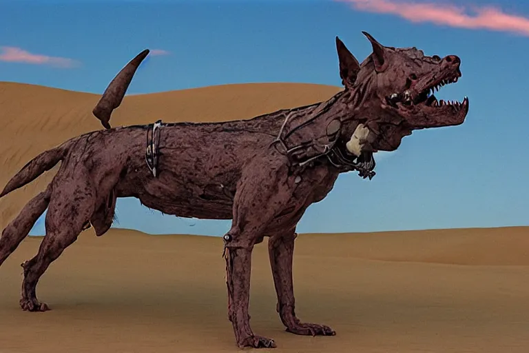 Image similar to monstrous xoloitzcuintli dog in the atacama desert at dusk, hungry and drooling, cracking bones, futuristic comic book by moebius