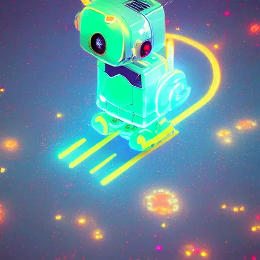 Image similar to isometric cat robot floating in space, realistic 3d model, very colourful, hdr, cinematic lighting, soft neon, octane render, trending on Artstation, style pokemon in 3d