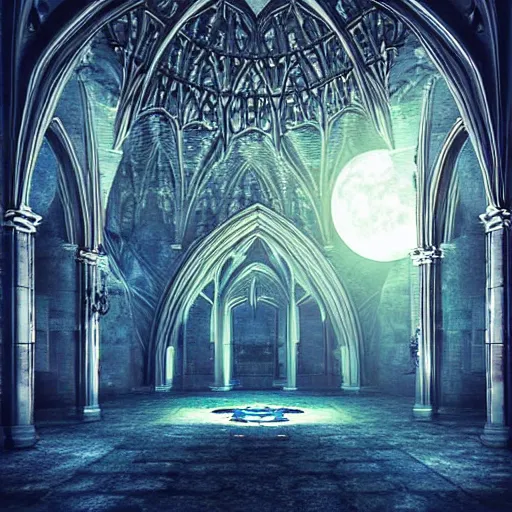 Image similar to large gothic hall with a large moon on the ceiling, cyberspace, soft light, art station, detailed, colorful, symmetrical