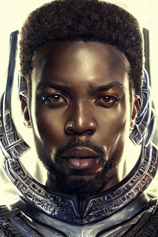 Image similar to ultra realistic illustration, closeup portrait shot, wakandan warrior in game kf thrones chair, perfect lighting, hacknaut cyberpunk, sci - fi, fantasy, intricate, elegant, highly detailed, digital painting, artstation, concept art, smooth, sharp focus, illustration, art by artgerm and greg rutkowski and alphonse mucha