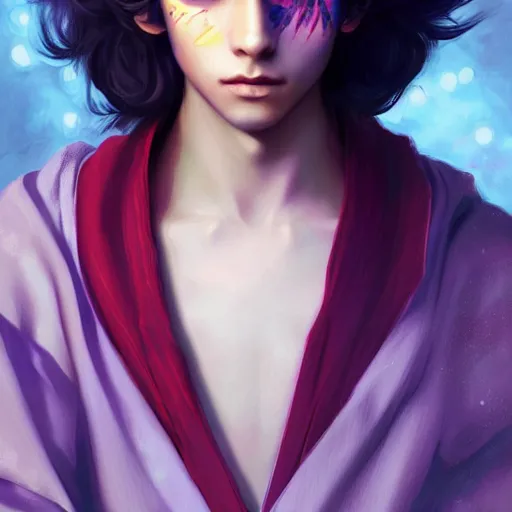 Image similar to colorful and Festive Captivating teenager boy with straight indigo hair, purple eyes with red eye markers, slim body, wearing a detailed Japanese kimono with golden details, atmospheric lighting, painted, intricate, 4k, highly detailed by Charlie Bowater