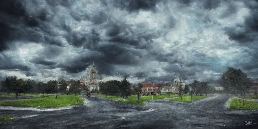 Prompt: school on the hill, surreal photography, blue and grey storm clouds, dramatic light, impressionist painting, digital painting, art station, simon starnhager