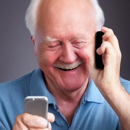 Image similar to hide the pain harold internet meme looking down and holding a phone in his hands, smiling, stock photo, professional lighting, detailed, artstation