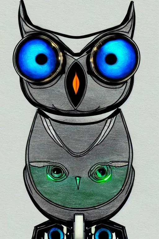 Prompt: drawing of an robotic little owl, cyberpunk style, she is made from stainless steel and leather, her wings are metallic green, her body is metallic blue, she has big, orange eyes and tries to look vute