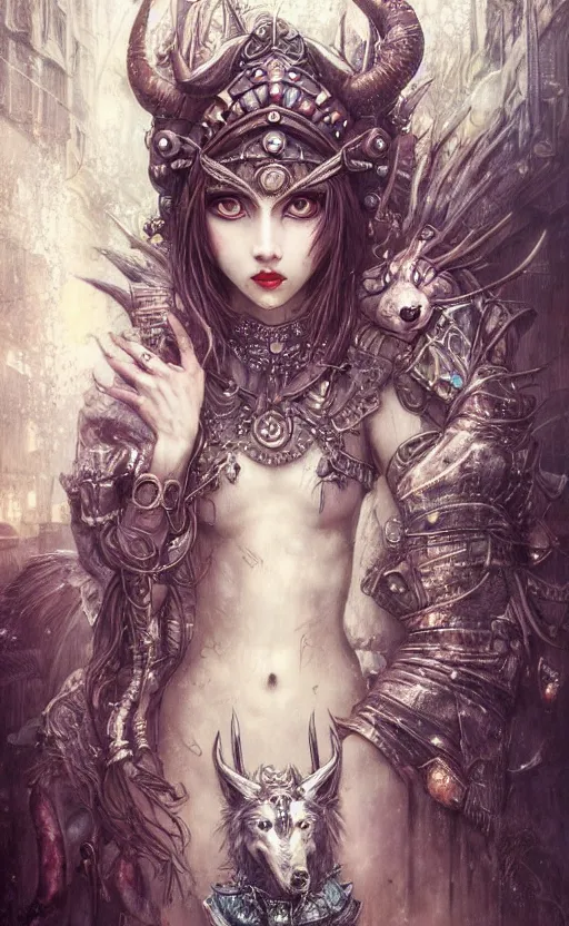 Image similar to hyper realistic Princess Mononoke, ornate mask magic, wet market street, cyberpunk metropolis, city landscape, jewels, full body pose, full moon, wolf by her side, style of tom bagshaw, mucha, james gurney, norman rockwell, denoised, sharp