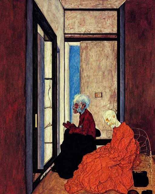 Prompt: expressionist and symbolic painting of an old dead couple sitting in a living room in an old apartment and a man is looking through a window from the outside,  Beksinski impasto painting, part by Egon Schiele and Gerhard Richter oil painting. art by Francisco Goya and Takato Yamamoto,  Francis Bacon masterpiece