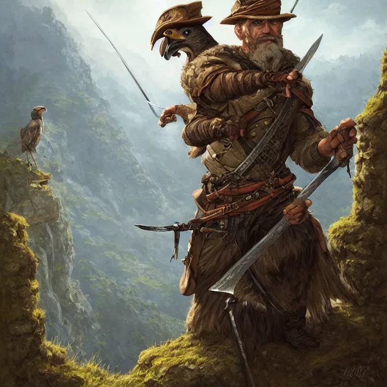 Image similar to middle age ranger with rugged expresions falcon pet on his sholder holding a long sword, top a cliff observing old ruins of a castle, elegant clothing, photorealistic render, matte patining, highly detailed, artstation, smooth, sharp focus, art by michael whelan, artgerm, greg rutkowski