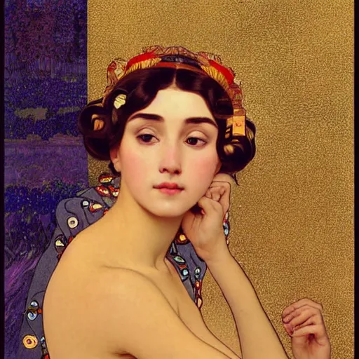 Image similar to vector illustration of a overtanned instagram influenza girl, siliconized lips, doing a make up tutorial, artstation, smooth, sharp focus, art by gustav klimt - alphonse mucha - adolphe bouguereau