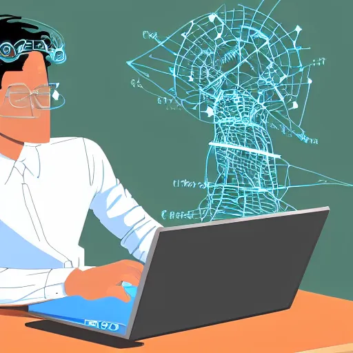 Image similar to a machine learning engineer working tirelessly on his laptop, digital art