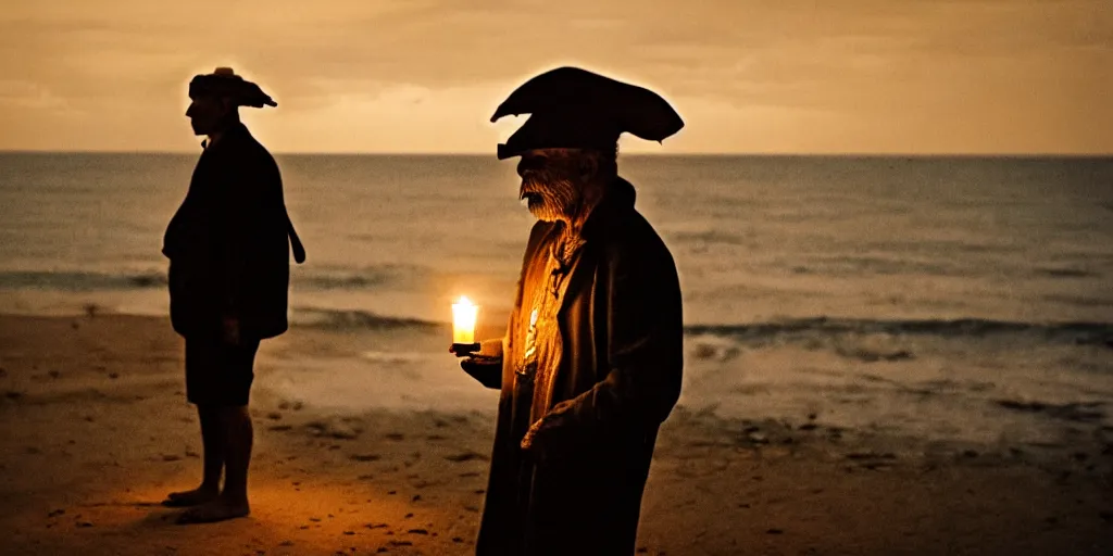 Prompt: film still of closeup old man holding up lantern by his beach hut at night. pirate ship in the ocean by emmanuel lubezki