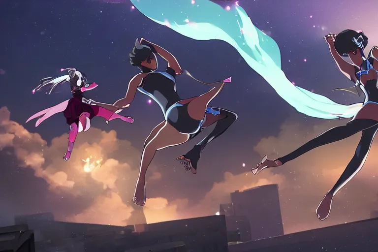 Prompt: a fierce young black female dressed as a ninja wearing a diamond is attacking an powerful goddess on a harlem rooftop, highly detailed, 4lighting, anime scenery by Makoto shinkai