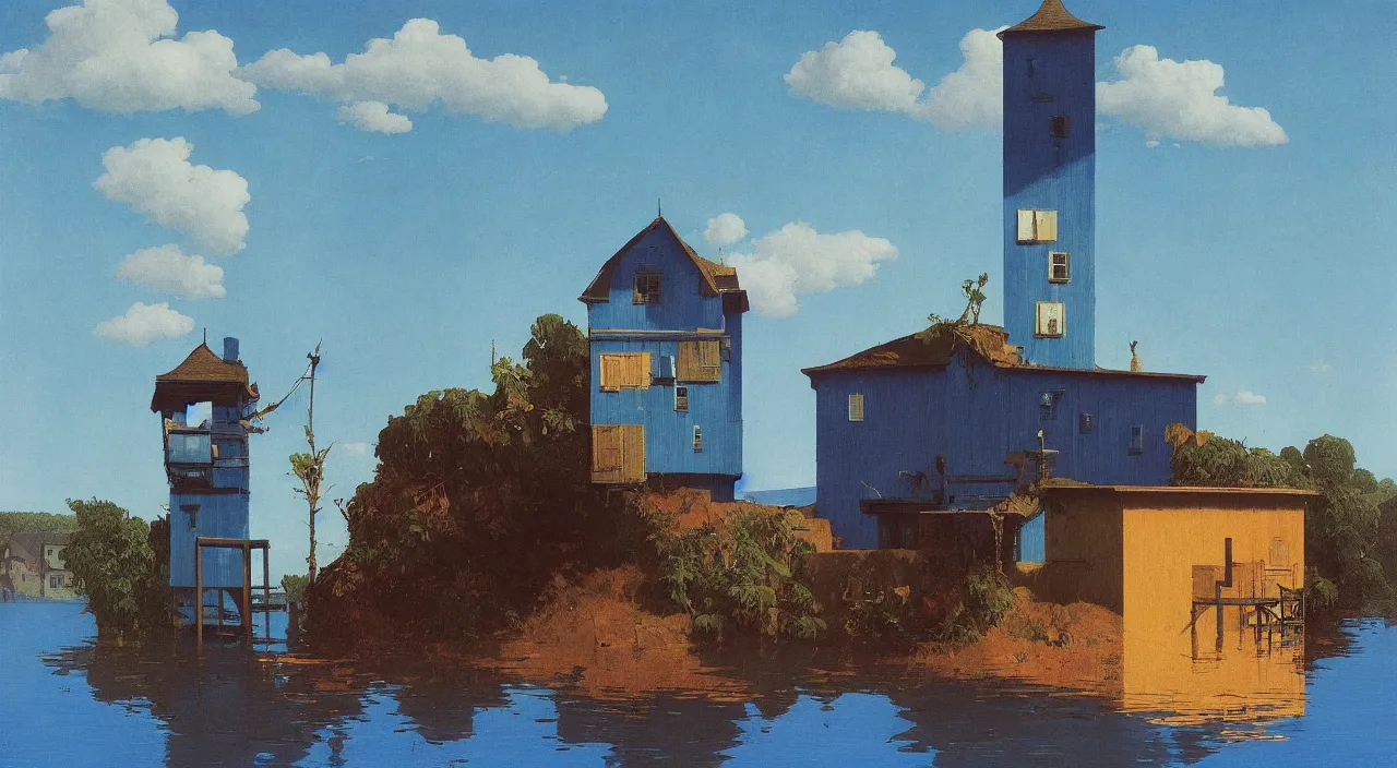 Image similar to single flooded simple blue wooden tower, very coherent and colorful high contrast!! masterpiece by rene magritte simon stalenhag carl spitzweg syd mead norman rockwell edward hopper james gilleard, minimalist, dark shadows, sunny day, hard lighting