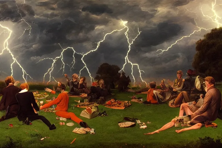 Prompt: a detailed illustration of a god ruining a picnic in the park, nightmare in the park, calamity, dark storms with lightning, ultrawide lens, aerial photography, natural disaster, 8 k, art by pierre - henri de valenciennes and caspar david friedrich and jacob gensler and eugene isabey