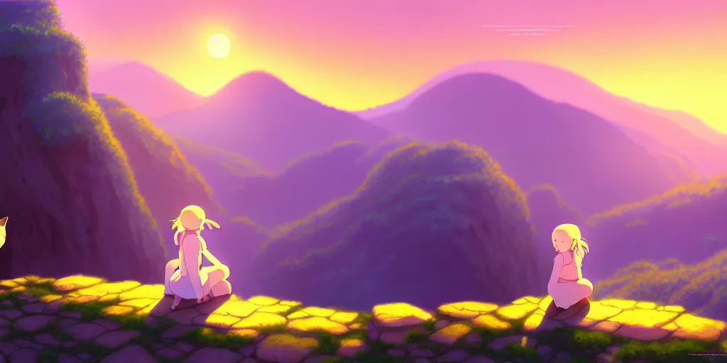 Image similar to the girl and the cat. beautiful sunrise. small village in the mountains. rocky roads. matte painting, anime, studio ghibli. intricate, elegant, super highly detailed, professional digital painting, artstation, concept art, smooth, Unreal Engine 5, Photorealism, HD quality, 8k resolution, cinema 4d, 3D, beautiful, cinematic
