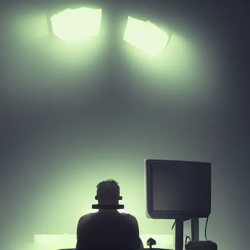 Prompt: a man sitting in front of a monitor with a camera by his side, digital illustration, volumetric lighting, greg rutkowski, artstation