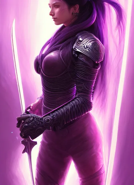 Image similar to portrait of a woman with long black hair in a ponytail, in sci - fi armor, platemail, close fitting, holding a katana made of purple energy, intricate, elegant, glowing lights, highly detailed, digital painting, artstation, concept art, smooth, sharp focus, illustration, art by wlop, mars ravelo and greg rutkowski