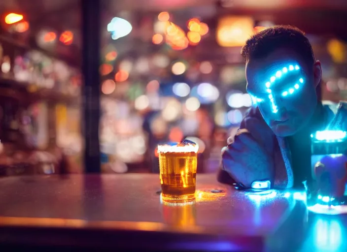 Image similar to a 2 8 mm macro kodachrome photo of a sad metallic cyborg with glowing lights getting drunk alone at a bar in the 1 9 5 0's, seen from a distance, bokeh, canon 5 0 mm, cinematic lighting, film, photography, golden hour, depth of field, award - winning