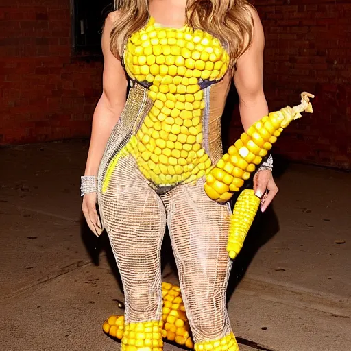 Image similar to full body photo of jennifer lopez, she is wearing a funny hallowen costume of corn on a cob