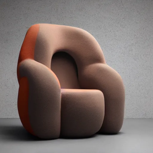 Image similar to an armchair in the shape of an elephant with grey and orange accents designed by antony gormley, advertising photography