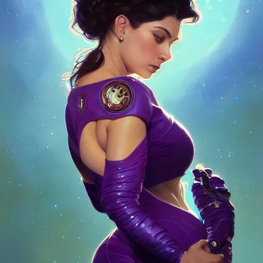 Image similar to Portrait of very very very very very very beautiful Latina woman, spacesuit, purple eyes, intricate, elegant, highly detailed, digital painting, artstation, concept art, smooth, sharp focus, illustration, art by artgerm and greg rutkowski and alphonse mucha