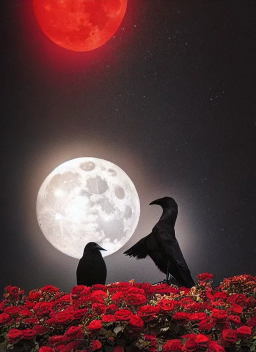 Image similar to Big glowing moon is very important in that image, red and golden color details, portrait, A crow with red eyes in front of the full big moon, book cover, red roses, red white black colors, establishing shot, extremly high detail, foto realistic, cinematic lighting, by Yoshitaka Amano, Ruan Jia, Kentaro Miura, Artgerm, post processed, concept art, artstation, raphael lacoste, alex ross, portrait, A crow with red eyes in front of the full big moon, book cover, red roses, red white black colors, establishing shot, extremly high detail, photo-realistic, cinematic lighting, by Yoshitaka Amano, Ruan Jia, Kentaro Miura, Artgerm, post processed, concept art, artstation, raphael lacoste, alex ross