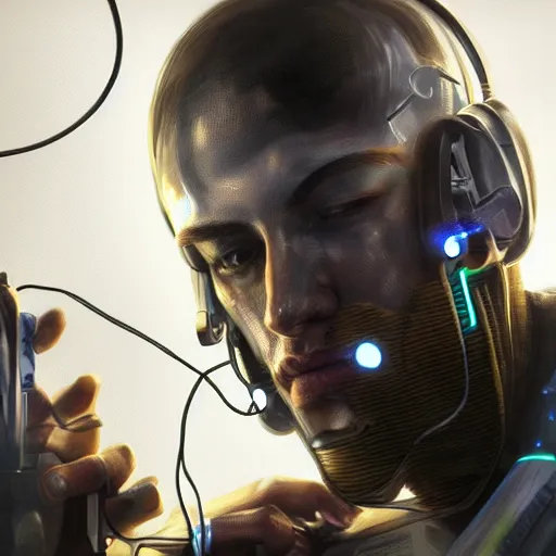 Prompt: close up of guy connected to computer with wires and tubes, cyborg, dystopian, highly detailed, digital painting, artstation, concept art, soft light, sharp focus, illustration