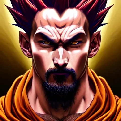 Image similar to symmetry!! intense portrait of sangoku ssj, intricate, elegant, highly detailed, my rendition, digital painting, artstation, concept art, smooth, sharp focus, illustration, art by artgerm and greg rutkowski and alphonse mucha