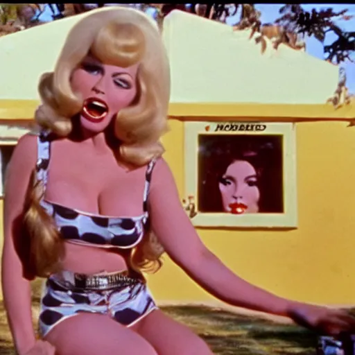 Image similar to Still from a Russ Meyer film about a woman and her friend, an anthropomorphic tooth, color 1970