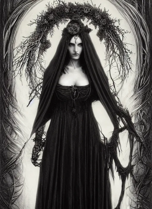 Image similar to gothic witch maiden holding a wreath and wearing a cloak, long beautiful strands of black hair, engraving, concept art, elden ring, illustration, smooth, sharp focus, by gustave dore and greg rutkowski, hyper realistic face, piercing beautiful eyes, fantasy art, in the style of midjourney, intricate, alphonse mucha, hyper detailed